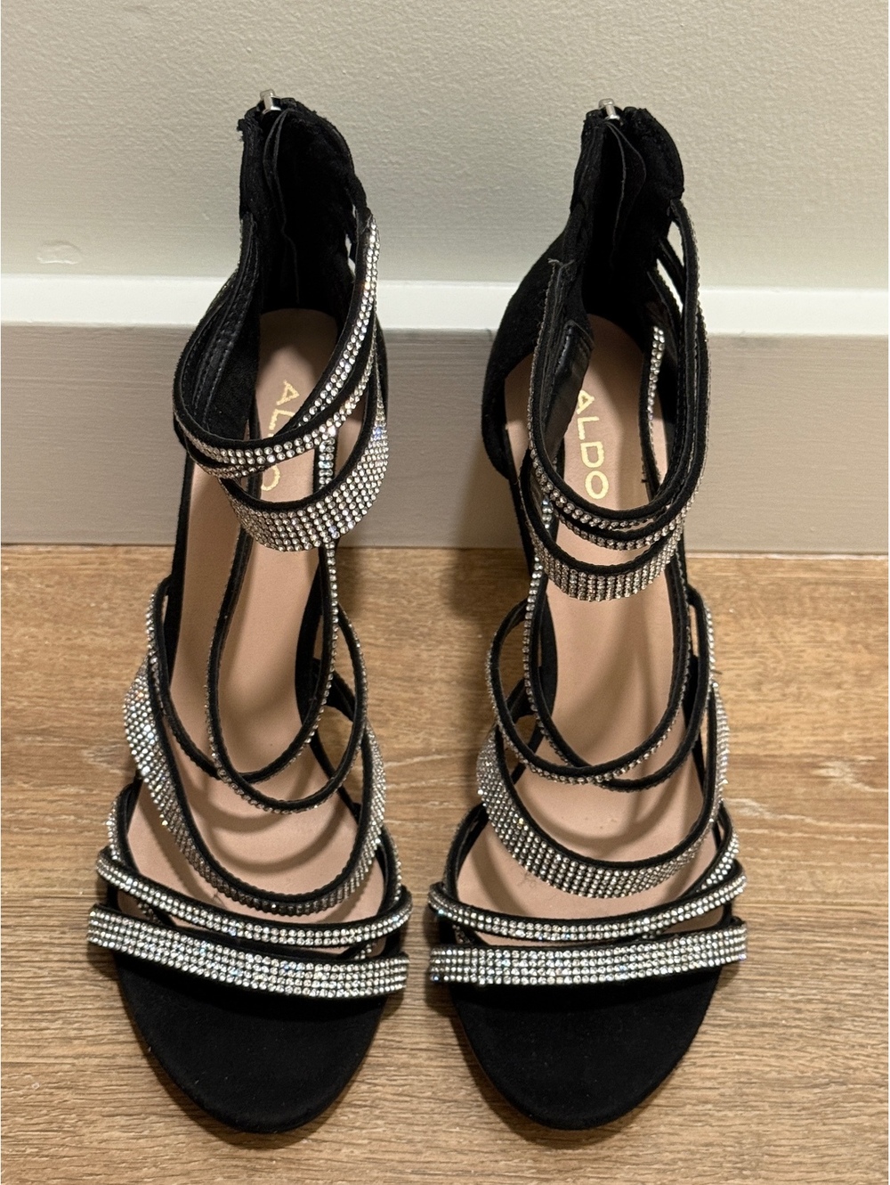ALDO Black 5” Strappy Heels with Rhinestone Embellishments | Size 8.5